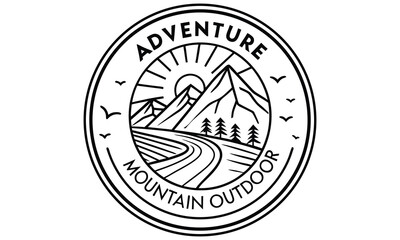 Circular emblem featuring a stylized mountain landscape with a winding road pine trees and birds flying under a sunburst representing adventure and the outdoors