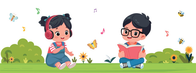 kids resting on the lawn listening to music and reading in the park  cartoon vector illustration