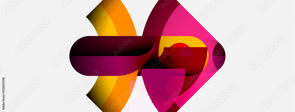 Poster Abstract design features vibrant overlapping shapes. Pink, orange, maroon hues create dynamic visual impact on white background.