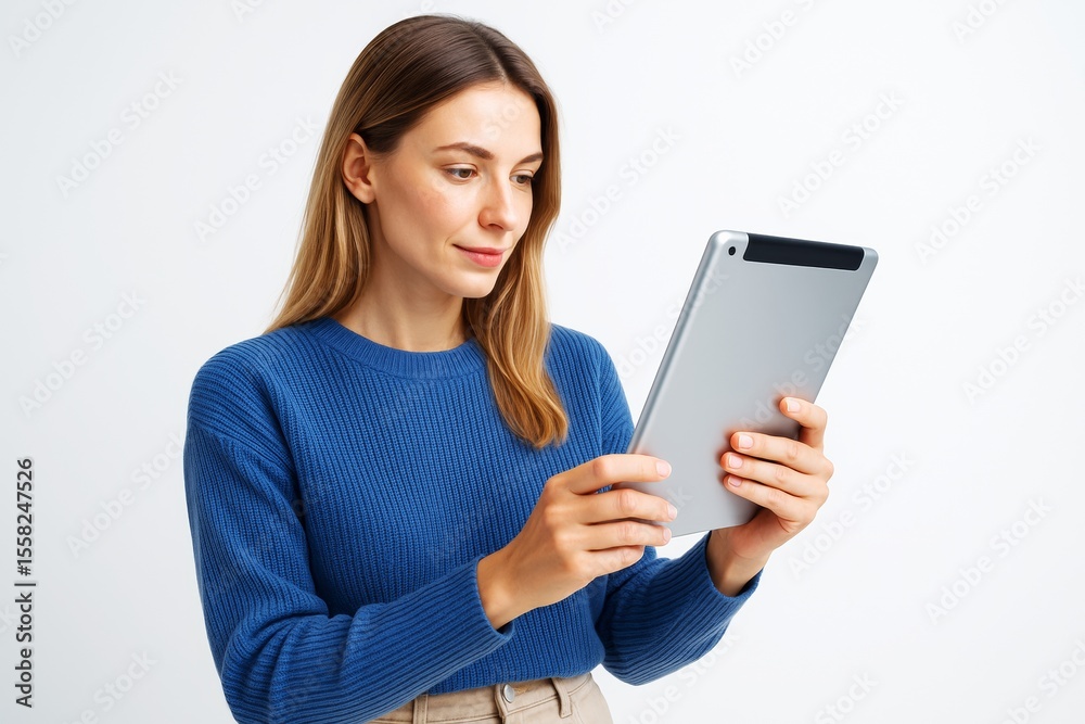 Poster woman using digital tablet in blue sweater on light background, focused and engaged with device in m