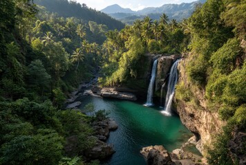 Serene Tropical Waterfall Surrounded by Lush Greenery and Palm Trees with Majestic Mountains in the Background on a Bright Sunny Day