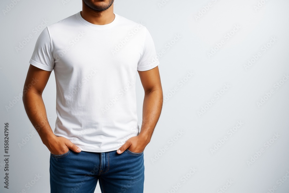 Poster Man in plain white t-shirt and jeans posing with hands in pockets on clean light background for blank design template concept mockup shot.