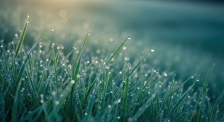 Fresh grass with water droplets at dawn, spring meadow background