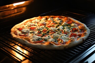 Delicious freshly baked pizza with pepperoni, spinach, and creamy cheese, golden crust, placed in a modern oven, creating an inviting culinary scene with warm light