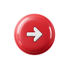 3d icon of a glossy red button with a white arrow pointing right isolated on transparent background
