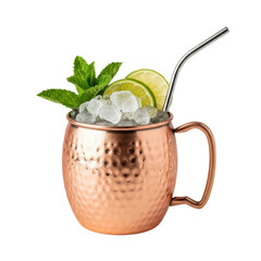 A classic moscow mule cocktail is presented in a traditional hammered copper mug, garnished with fresh lime slices, vibrant mint leaves, and plenty of crushed ice, perfect for a summer refreshment.