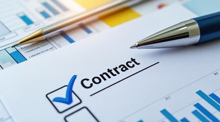 real estate investment checklist document concept. Contract document with checkmark and pens on business charts.