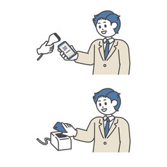 バーコード決済をするスーツ姿の男性