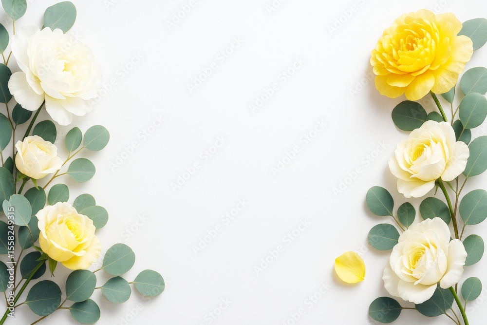 Poster Elegant floral background with soft yellow and white flowers and green leaves arranged symmetrically on a light backdrop. Ai generative.