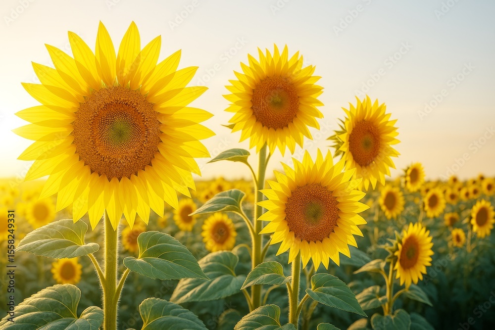 Poster bright sunflowers in full bloom under warm sunlight in a wide open field with a soft sky background 