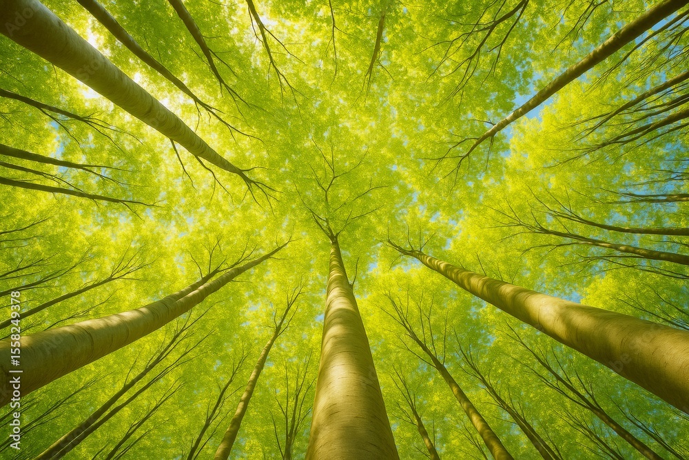 Poster surreal view of tall green trees reaching toward bright sky in lush forest with sunlit canopy and dr