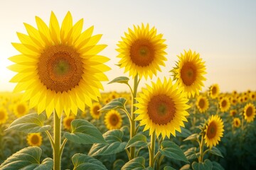 Fototapeta premium Bright sunflowers in full bloom under warm sunlight in a wide open field with a soft sky background and vibrant green leaves on tall stems.
