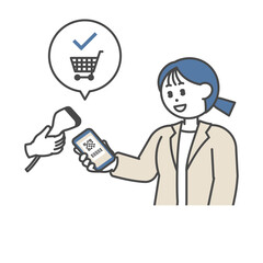 バーコード決済をするスーツ姿の女性