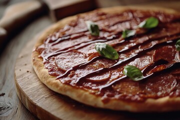 Delicious freshly made pizza with rich tomato sauce, savory toppings of pepperoni, aromatic basil leaves, and a glossy drizzle of sauce on a rustic wooden surface.