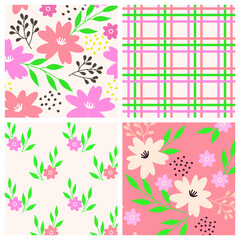 Cute Summer Pattern Collection Floral and Plaid Seamless Vector Design