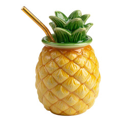 Colorful ceramic pineapple cup with green leaves and golden yellow body, perfect for summer drinks and cocktails