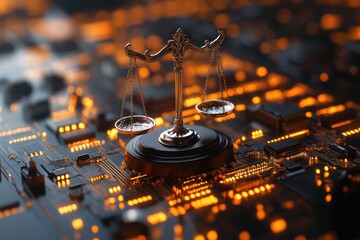 Digital Rendering of Legal Scales on Circuit Board Background Representing Taxation Rules
