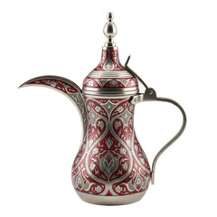 A beautifully decorated traditional arabic dallah coffee pot, featuring intricate red and silver patterns, often used for serving arabian coffee and symbolizing hospitality.