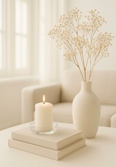 White Candle and Baby’s Breath in Soft Minimal Interior with Neutral Decor