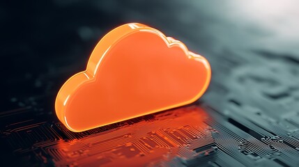 Vibrant Orange Cloud Symbol Over Circuit Board in Futuristic Digital Environment