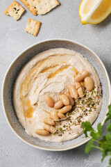 Healthy white bean hummus for snack. Healthy eating. Vegetarian snack 