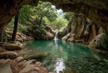 Serene Waterfall Cascading into Tranquil Pool Surrounded by Lush Green Trees in Natural Cave Formation