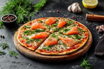 Delicious gourmet pizza topped with fresh smoked salmon, aromatic dill, and creamy cheese on a rustic wooden board, perfect for food enthusiasts and culinary presentations.