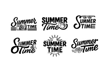 Obraz premium summer time lettering element designs set with camera, coconut, sunglasses, hat, sun, slippers. retro summertime typography illustration design collection for seasonal apparel and packaging