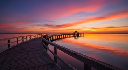 Obraz premium Serene Sunrise Wooden Pier Reflecting Vibrant Colors Over Calm Water