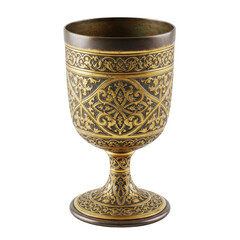 A stunning golden goblet adorned with intricate, dark relief patterns, showcasing a rich, antique aesthetic. Perfect for themes of luxury, history, or fantasy.