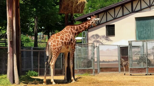 Giraffe by zoo feeding area. A giraffe stretches its neck while approaching a feeding area at a zoo on a sunny day.