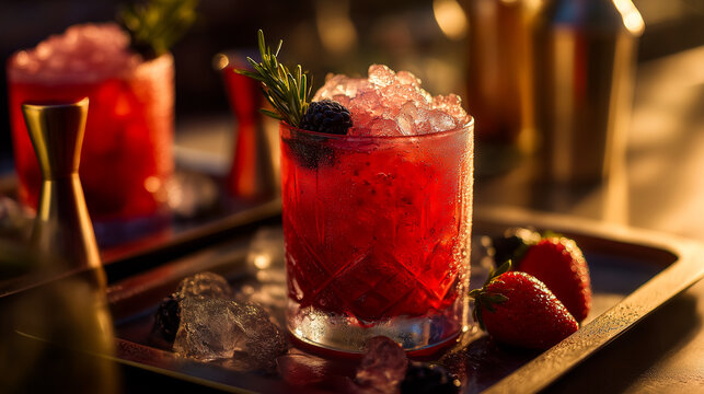 Gourmet berry cocktail with crushed ice rosemary and blackberry in textured glass served on tray with condensation in golden sunset light captures elegant chilled refreshment and bar experience