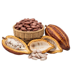 A collection of fresh cocoa beans in a basket, alongside whole and opened cacao pods, showcasing the raw ingredients for chocolate production.