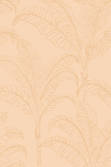 Tropical banana leaf line art on a soft peach background. Elegant botanical illustration, seamless pattern.