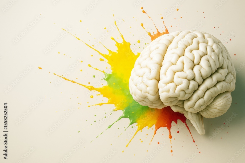 Poster human brain model with vibrant paint splashes on light background symbolizing creativity and scienti