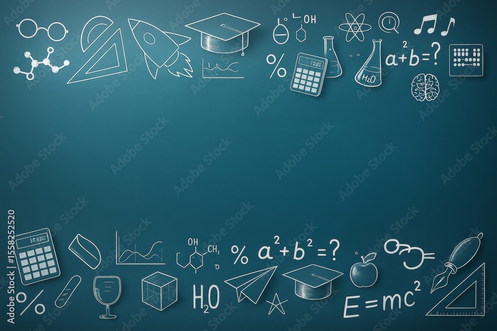 Poster Education and science doodle icons on teal background with school-related symbols like formulas, lab tools, and graphs in chalk style. Ai generative.