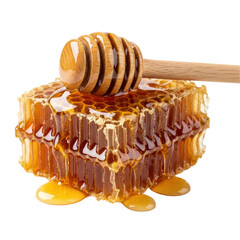 A close up view of a natural honeycomb piece with thick, golden honey dripping down, accompanied by a wooden honey dipper. evokes sweetness and natural goodness, ideal for food and health themes.