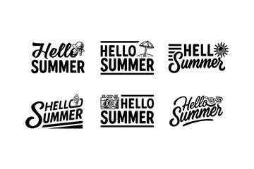 hello summer lettering element designs set with hat, umbrella, sun, ice cream, camera, sunglasses. retro hello summertime typography illustration design collection for seasonal apparel and packaging