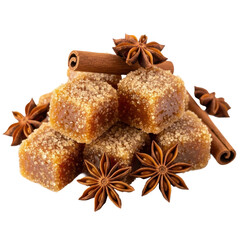 A tempting pile of golden brown caramel fudge cubes coated in sugar, artfully arranged with fragrant cinnamon sticks and exotic star anise pods, perfect for holiday treats or dessert visuals.