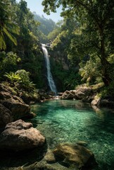 Fototapeta premium Serene Waterfall in Lush Jungle with Crystal Clear Pool Surrounded by Greenery and Tropical Plants on a Bright Sunny Day