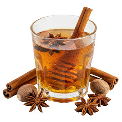 A comforting spiced beverage, possibly mulled wine or cider, served in a glass with cinnamon sticks, star anise, and whole nutmegs, evoking warmth and festive flavors.