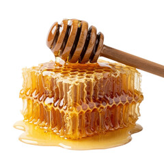 A close up shot of a golden honeycomb block with a wooden honey dipper drizzling sweet, pure honey. Perfect for food, health, or natural product themes.