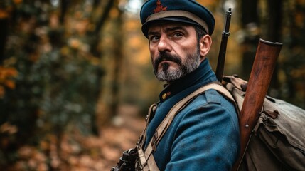 Obraz premium A soldier gazes into the distance with determination. The autumn forest surrounds him, evoking a sense of history and bravery. Nature and conflict intertwine. Generative AI