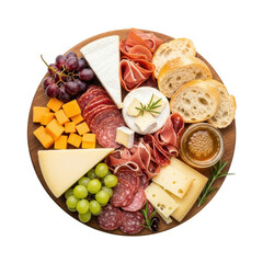 An overhead view of a rustic wooden charcuterie board laden with a variety of gourmet cheeses, sliced cured meats, fresh grapes, baguette, and a bowl of honey, perfect for entertaining.