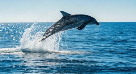 Fototapeta premium Dolphin jumping out of water, splashing in the ocean during daytime