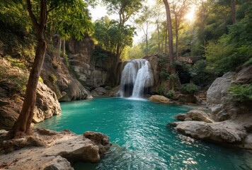 Naklejka premium Serene Waterfall Surrounded by Lush Green Forest and Tranquil Pool on a Bright Sunny Day in a Natural Setting
