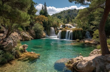 Fototapeta premium Serene Waterfall Surrounded by Lush Greenery and Crystal Clear Water in Tranquil Natural Setting with Clear Blue Sky and Majestic Mountains in Background