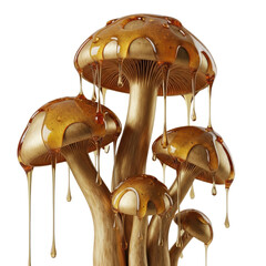 A whimsical cluster of golden mushrooms covered in thick, dripping honey. This fantastical image evokes sweetness and nature.