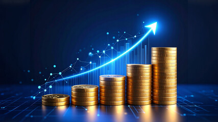 Abstract graph growing out of golden coins with futuristic glow, dark background, 3D style, business finance concept, 16:9 format, 3000x1688 or higher