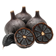 Whole and halved black garlic bulbs are shown, revealing their unique dark color and fermented texture. Perfect for culinary and health related content.